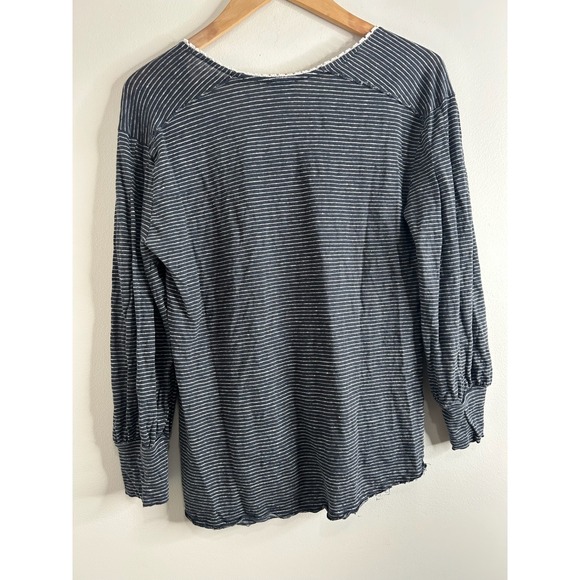 Sundance Womens Large Linen Striped V-Neck Top Navy Blue Crochet Trim Coastal - Picture 3 of 8